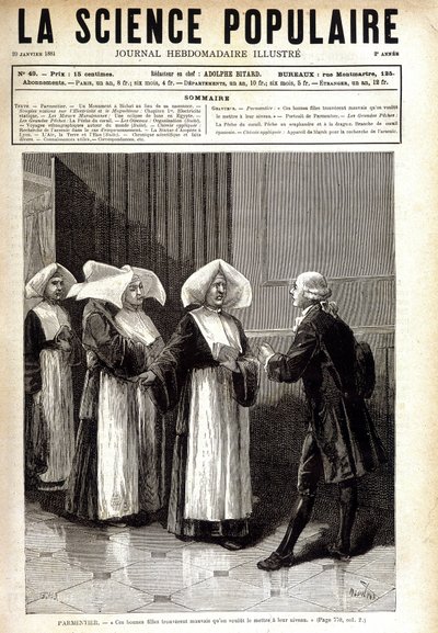Antoine Augustin Parmentier (1737 - 1813), farmaceuta znany z rozpowszechniania upraw ziemniaków we Francji, rozmawiający z zakonnicami. w „La science populaire”” 20.01.2081. autorstwa Unknown artist