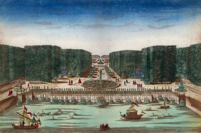 Aquae Lapsus w Hortis Versalicis - Widok optyczny przedstawiający wodospady Wersalu w XVIII wieku - Ilustracja około 1760 r. autorstwa Unknown artist