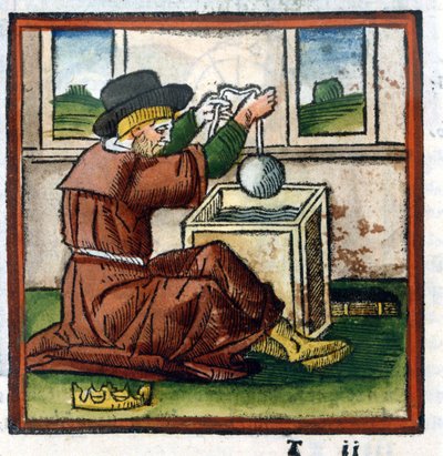 Archimedes określa wagę korony Hieron przez zanurzenie w wodzie (doświadczenie pchnięcia) - grawerowanie autorstwa Unknown artist