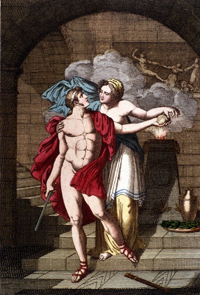 Arianne daje Tezeuszowi nić, aby mógł wydostać się z labiryntu - in Dizionario mitologico autorstwa Unknown artist