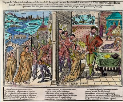 Zabójstwo króla Francji Henryka III (1551-1589) przez Jacquesa Clementa (1567-1589), dominikańskiego zwolennika religijnego Ligi Katolickiej, 1 sierpnia autorstwa Unknown artist