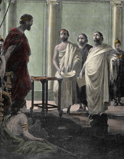 Ateński generał i polityk Alkibiades (450 pne-404 pne), uczeń Peryklesa i Sokratesa, odwołany w 407 przez reżim demokratyczny w Atenach po wygnaniu. Rycina XIX wieku autorstwa Unknown artist