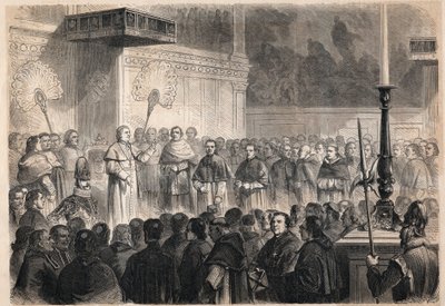 Audiencja papieża Piusa IX (Pio) (1792-1878) obcym duchownym w Kaplicy Sykstyńskiej (cappella sistina) w Rzymie z okazji uroczystości kanonizacyjnych 26 „męczenników Japonii”, grupy katolików ukrzyżowanych w Japonii w 1597 autorstwa Unknown artist
