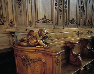 Architektura barokowa: drewniany stragan przedstawiający anioła, atrybut ewangelisty św. Mateusza. Chór (XVIII w.) kościoła św. Widok wewnętrzny. Marmoutier, Bas Rhin (67). autorstwa Unknown artist