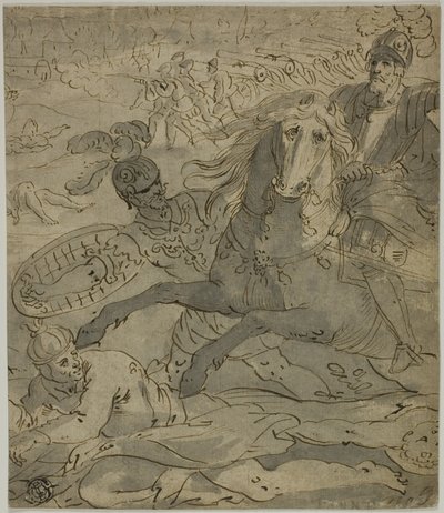 Scena bitwy z szarżującym generałem na koniu na pierwszym planie, artyleria i armaty w tle autorstwa Unknown artist
