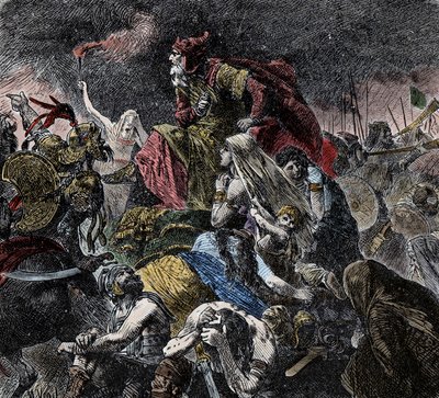 Bitwa na Polach Katalońskich, gdzie Rzymianie, Frankowie i Wizygoci ponownie zjednoczyli się, postawili hunów Attyli i ostrogotów w pobliżu Troyes, Dawn - najazdy barbarzyńców - (odbyła się bitwa na równinach katalauńskich lub bitwa pod Chalon lub bitwa po autorstwa Unknown artist
