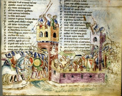Scena bitwy w forcie zamkowym. Miniatura „Roman de Troy” Benoit de Sainte Moure autorstwa Unknown artist