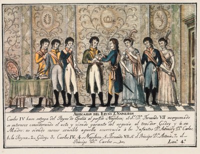 Wywiad Bayonne w 1808 roku po powstaniu Aranjuez, w którym abdykacja króla Hiszpanii Karola IV oddała tron Napoleonowi I przed jego synem Ferdynandem VII (Fernando VII) autorstwa Unknown artist
