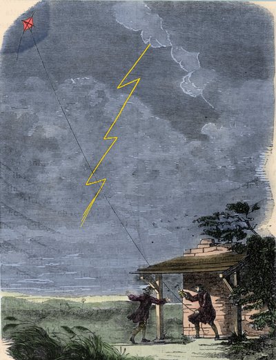 Benjamin Franklin, filozof, fizyk i ambasador USA, eksperymentuje z piorunochronem zamontowanym na latawcu. Wrzesień 1752. autorstwa Unknown artist