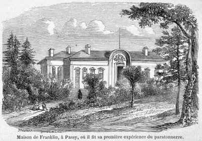 Dom Benjamina Franklina w Passy, gdzie po raz pierwszy doświadczył piorunochronu - grawerowania autorstwa Unknown artist