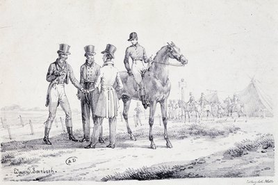 Postaw na skraj toru wyścigowego z dżokejem na koniu - litografia, deb. 19 wiek autorstwa Unknown artist