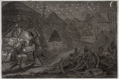 Biblia Royaumont, Stary Testament: Dawid ratuje Saula. Dawid trzyma Saula w swoich rękach, ale go nie krzywdzi. Po prostu bierze włócznię i kubek. Ilustracja z 1811 roku. autorstwa Unknown artist