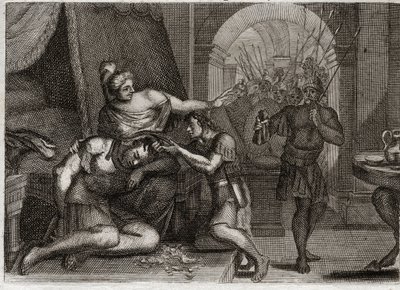 Biblia Royaumont, Stary Testament: Śmierć Samsona. Samson odkrywa, że Dalila tkwi w jej włosach. Obcina mu włosy i wprowadza do pokoju filistyńskich żołnierzy. Ilustracja z 1811 roku. autorstwa Unknown artist