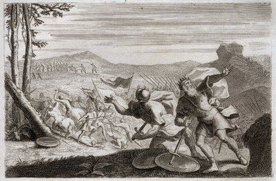 Biblia Royaumont, Stary Testament: Klęska Saula. Armia Saula została pokonana przez Filistynów. Tam zginęło jego troje dzieci, a będąc ciężko rannym w walce, popełnił samobójstwo. Ilustracja z 1811 roku. autorstwa Unknown artist