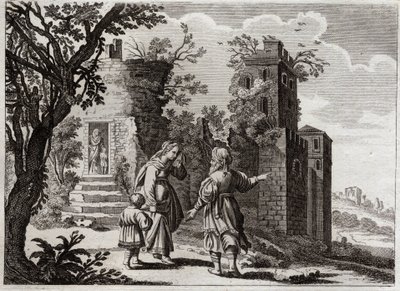Biblia Royaumont, Stary Testament: polowanie na Ismaela. Kiedy Sara zobaczyła, że Ismael, syn Agar (Hagar), źle potraktował małego Izaaka, poprosiła Abrahama, aby odesłał ją z powrotem z jej synem, aby Izaak mógł być jedynym spadkobiercą według obietnic Bo autorstwa Unknown artist