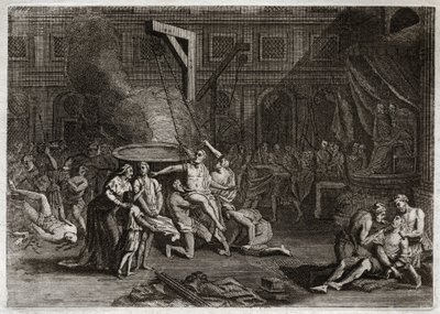 Biblia Royaumont, Stary Testament: Męczeństwo Machabeuszy. Siedmiu braci Machabeuszów jest męczennikami, zamiast zdradzić własną wiarę. Ilustracja z 1811 roku. autorstwa Unknown artist