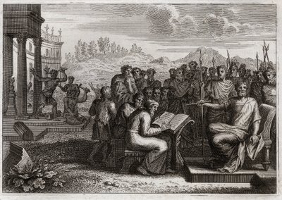 Biblia Royaumont, Stary Testament: Piete of Josias. Jozjasz, król Judy, przywraca kult Boga w swoim królestwie i przekazuje mocą wszystkich królów swoich poprzedników. Ilustracja z 1811 roku. autorstwa Unknown artist