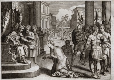 Biblia Royaumont, Stary Testament: Kara Amana. Assuerus I (Kserkses I) zawiesza Amana (Hamana) na szubienicy, którą przygotował dla Mardochee (lub Mordechaja lub Mordechaja) i wycofuje Śmierć Edytuj, którą opublikował w całym swoim królestwie przeciwko autorstwa Unknown artist