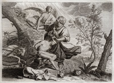 Biblia Royaumont, Stary Testament: Ofiara Abrahama. Anioł trzyma rękę Abrahama przed ofiarą jego syna Izaaka. Po lewej stronie, wierzący, Abraham, zamiast tego zabije. Ilustracja z 1811 roku. autorstwa Unknown artist
