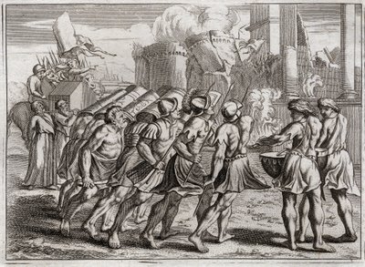 Biblia Royaumont, Stary Testament: Wzięte z Jerycha. Mury Jerycha upadają na ziemię na dźwięk trąb Kapłanów, którzy poprzedzali Arkę Przymierza Pańskiego. Ilustracja z 1811 roku. autorstwa Unknown artist