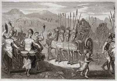 Biblia Royaumont, Stary Testament: Triumf Dawida. Po tym, jak Dawid pokonał Olbrzymiego Goliata, kobiety izraelskie szły przed nim, by uczcić jego triumf wiwatami radości i dźwiękiem instrumentów. Ilustracja z 1811 roku. autorstwa Unknown artist