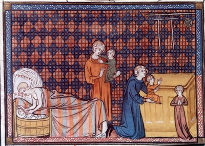 Narodziny i wykształcenie króla Francji Ludwika IX lub św. Ludwika (1214-1270). Miniatura z rękopisu „Życie i cuda św. Ludwika” autorstwa Wilhelma św autorstwa Unknown artist