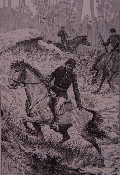 Czarni tropiciele ścigający buszrangerów w Australii (grawerowanie) autorstwa Unknown artist