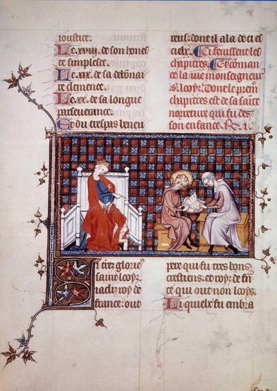Blanche de Castille, królowa Francji (1188-1252), kierująca edukacją jej syna Ludwika IX (1214-1270) (Miniatura św. Ludwika z rękopisu „Życie i cuda św. Ludwika” Wilhelma z Saint Pathus. 1320. Paryż , B.N. autorstwa Unknown artist