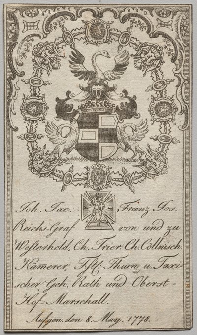 Ekslibris: Johan. Jakub Franciszek Józef, cesarski hrabia Westerhold autorstwa Unknown artist