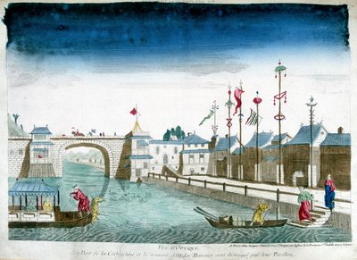 Wyróżnia się most Cochinchine i łodzie opuszczające pawilony. Rycina z końca XVIII wieku autorstwa Unknown artist
