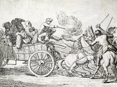 Bandyci atakujący pasażerów na wozie. Grawerowanie przez 18 wieku anonimowe. autorstwa Unknown artist