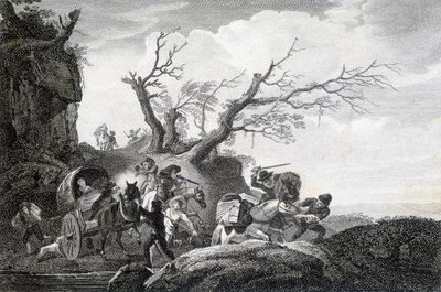 Bandyci atakujący podróżnych na wiejskiej drodze. Rycina z XVIII wieku anonimowa. autorstwa Unknown artist
