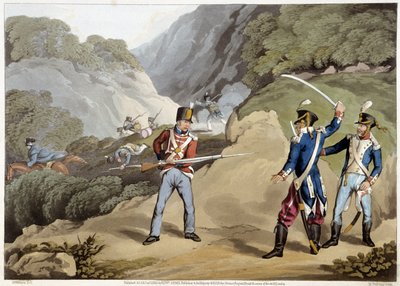 Brytyjski żołnierz schwytał dwóch francuskich oficerów w bitwie pod Pirenejami – w „Anegdotach historycznych, wojskowych i morskich…” Edwarda Orme autorstwa Unknown artist