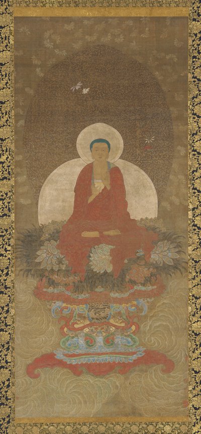 Budda na tronie na macie z trawy Kusa autorstwa Unknown artist