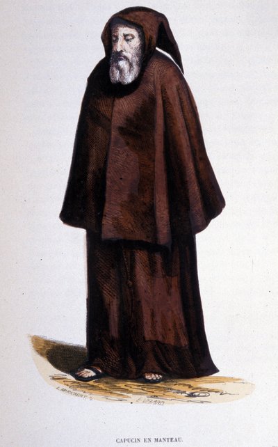 Kapucyn w płaszczu, rycina z albumu na zakonach, Paryż autorstwa Unknown artist