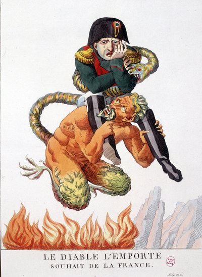 Karykatura o Napoleonie Bonaparte niesionym przez diabła: Niech diabeł zwycięży życzenie Francji - w „”Napoleon I, karykatury, kolekcja manekinów”. 1814 - 1815. B.H.V.P. autorstwa Unknown artist