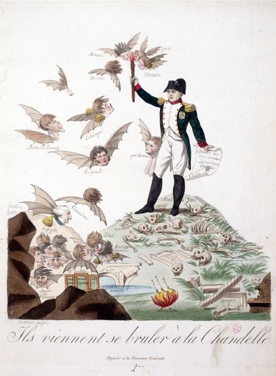 Karykatura o Napoleonie I przedstawiona na wzgórzu pokrytym szkieletami i trzymająca świecę palącą skrzydła postaci (Merlin de douai, Regnault...) przedstawionych w nietoperzu. - w Napoleonie I, karykatury, kolekcja manekinów. 1814 - 1815. B.H.V.P. autorstwa Unknown artist