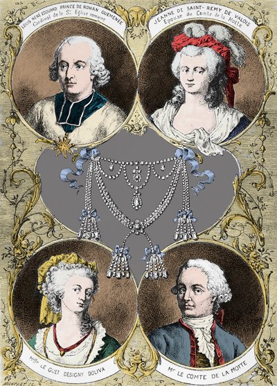 Sprawa naszyjnika królowej Marii Antoniny - bohaterów sprawy: Louisa Rene Edouarda de Rohan (kardynała de Rohan), Jeanne de Valois Saint Remy (Valois-Saint-Remy), hrabiego de la Motte i Mademoiselle Le Guet d