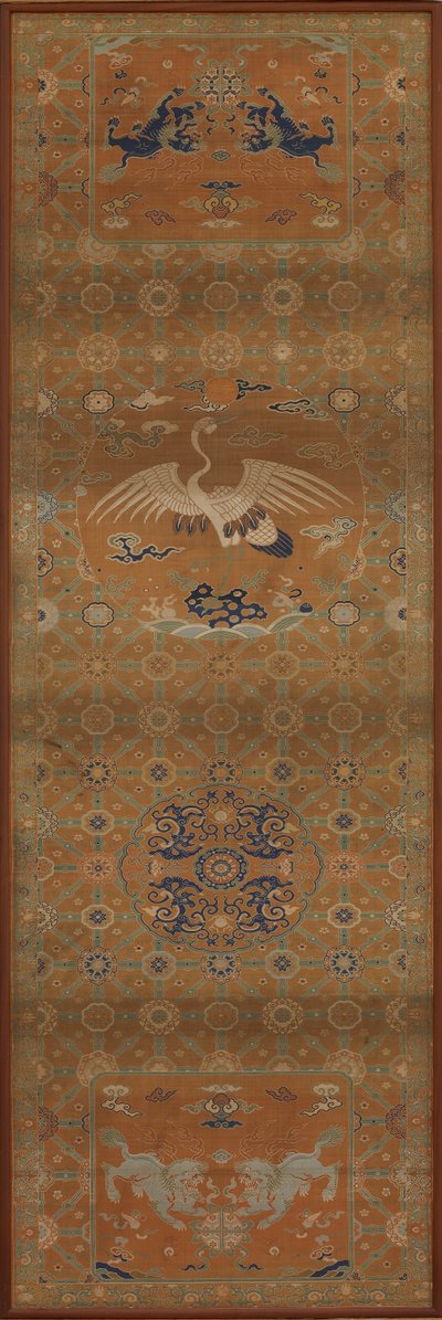Pokrowiec na krzesło z żurawiem, lwami, smokami, pomyślnymi symbolami i kwiatowymi wzorami autorstwa Unknown artist