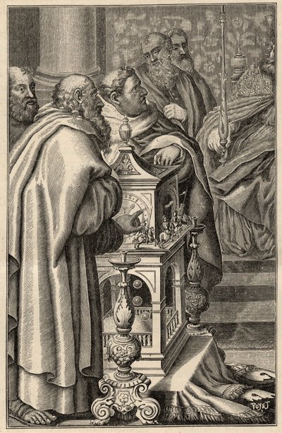 Karol Wielki otrzymujący w darze klepsydrę (zegar wodny) od Haruna al-Raszida - W 797 kalif Bagdadu, Haroun ar-Rachid (765-809) ofiarowuje Karolowi Wielkiemu klepsydrę (zegar wodny, pomiar czasu) symbolizujące wiedzę technologiczną. jak z arabskiej cywiliz autorstwa Unknown artist