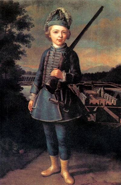 Charles-Joseph de Ligne w wieku około 10 lat w fantastycznym mundurze, przed zamkiem Beloeil autorstwa Unknown artist