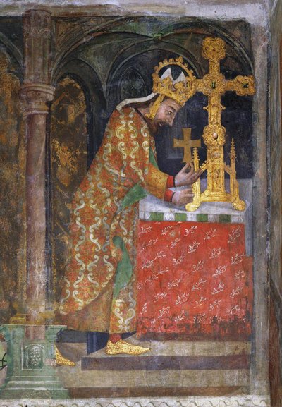 Karol IV Luksemburski (1316-1378), cesarz Rzymian, umieszcza w relikwiarzu fragment Krzyża Świętego - Karol IV umieszcza w relikwiarzu odłamek Krzyża Świętego - Anonim. Fresk, ok. 1360. Galeria Narodowa, Praga autorstwa Unknown artist