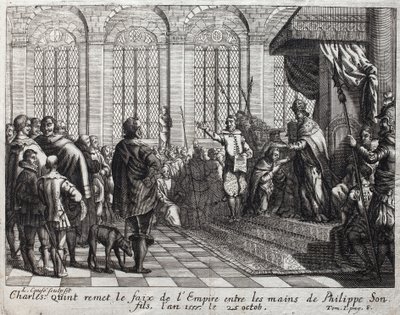 Karol V (1500-1558) przekazał 25 października faix cesarstwa Filipowi II (Felipe) (1527-1598), jego synowi autorstwa Unknown artist