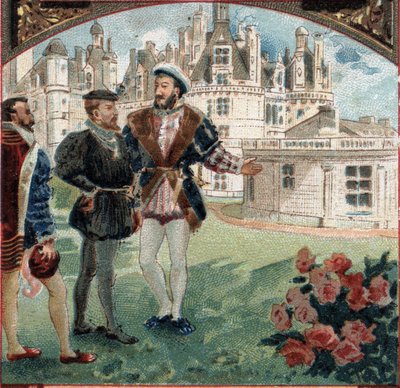 Karol V przyjęty przez Franciszka I w Chateau de Chambord. Chromolitografia z końca XIX wieku autorstwa Unknown artist