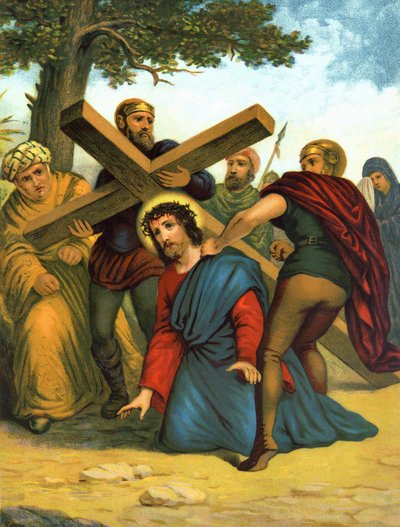 Chromolitografia z końca XIX wieku przedstawiająca życie Chrystusa: Jezus najpierw upada pod krzyżem. autorstwa Unknown artist