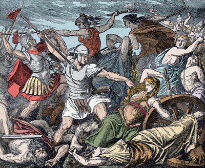 Kobiety z Cimbric bronią fortu wozów - starożytny Rzym, Wojna z Cimbres: poświęcenie kobiet z Cimbres przeciwko rzymskim żołnierzom autorstwa Unknown artist