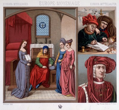 Stroje cywilne w średniowieczu w XV wieku. U góry po prawej: kantory wymiany walut w Antwerpii. U dołu po prawej: portret Maksymiliana Austriaka (1459-1519) według Quentina Metzysa. W „Strój historyczny” A. Raquet autorstwa Unknown artist