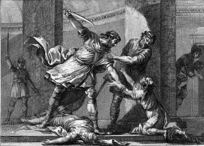 Clotaire (Clothaire) I (v.497-561) i Childebert I, królowie frankońscy, zamordowali dwóch synów ich brata Clodomira (495-524). Rycina z XVIII wieku. autorstwa Unknown artist