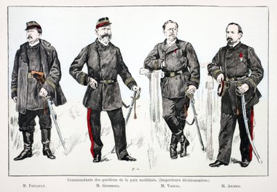 Dowódcy zmobilizowanych sił pokojowych (inspektorzy dywizji), od lewej do prawej: pan Foucault, pan Giobergia, pan Vassal, pan Archer. Akwaforta kolorowa, dla ilustracji książka „Historia Korpusu Sił Pokojowych” wydana pod patronatem autorstwa Unknown artist