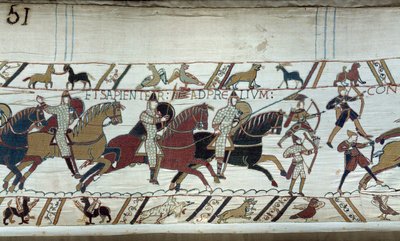 Podbój Anglii przez księcia Normandii Wilhelma Zdobywcy (1027-1087) w 1066: początek bitwy pod Hastings Fragment gobelinu z Bayeux lub haftu królowej Matyldy autorstwa Unknown artist